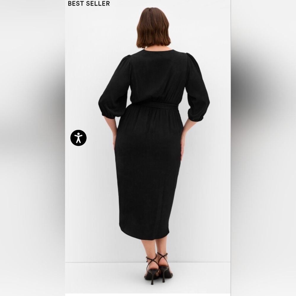 City Chic Black Faux Wrap Midi Dress with Tulip Sleeves - Size 16 - Picture 2 of 11